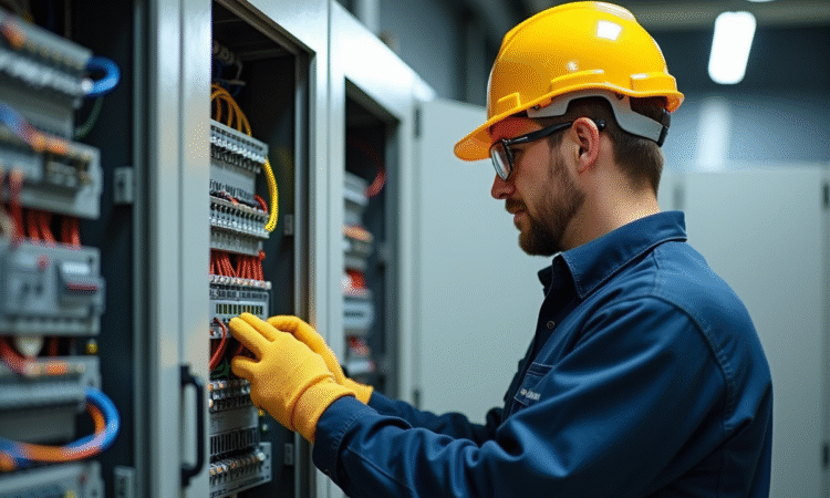 Électricien professionnel inspectant un panneau électrique moderne