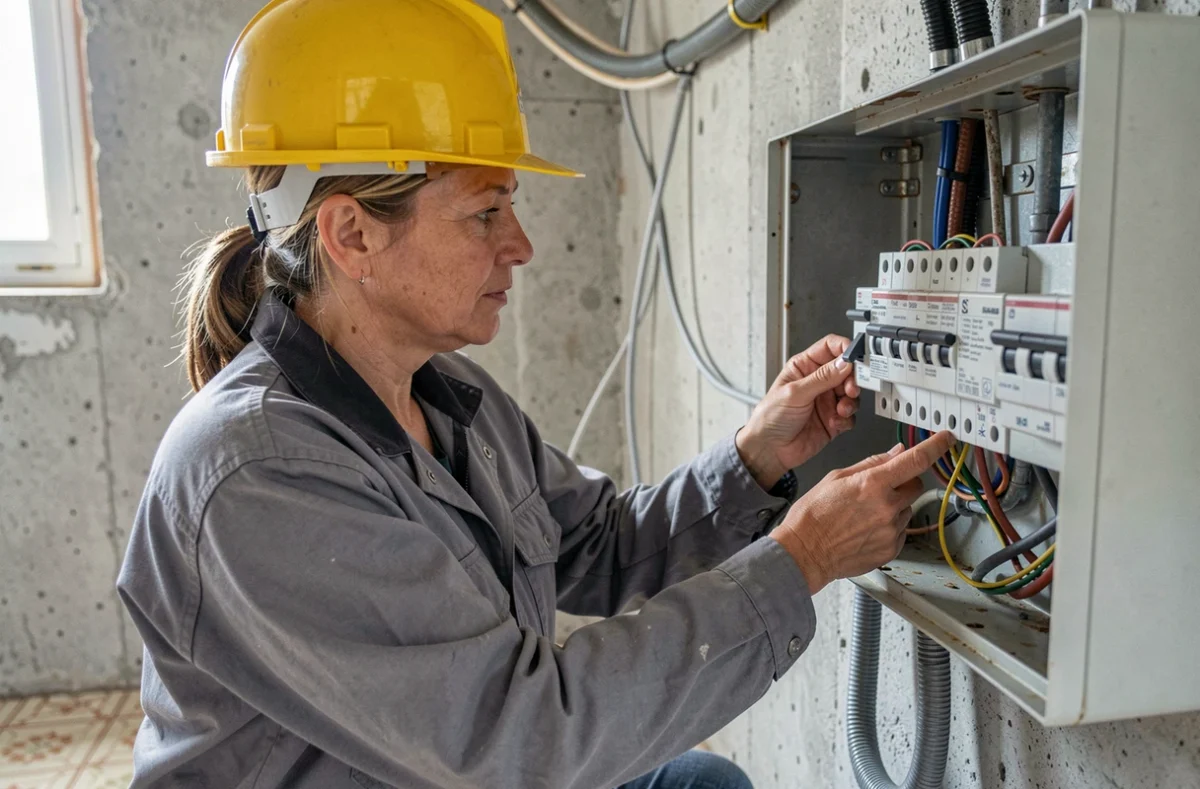 Électricienne vérifiant le tableau électrique monophasé avant installation d'une pompe à chaleur
