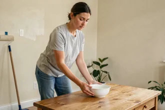 Femme plaçant un bol de vinaigre blanc dans un salon fraîchement peint pour absorber les odeurs de peinture