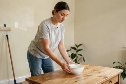 Femme plaçant un bol de vinaigre blanc dans un salon fraîchement peint pour absorber les odeurs de peinture