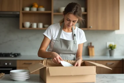 Femme emballant de la vaisselle dans un carton de déménagement avec du papier kraft dans une cuisine moderne