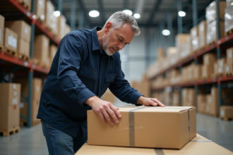 Homme d'âge moyen scellant un colis dans un entrepôt