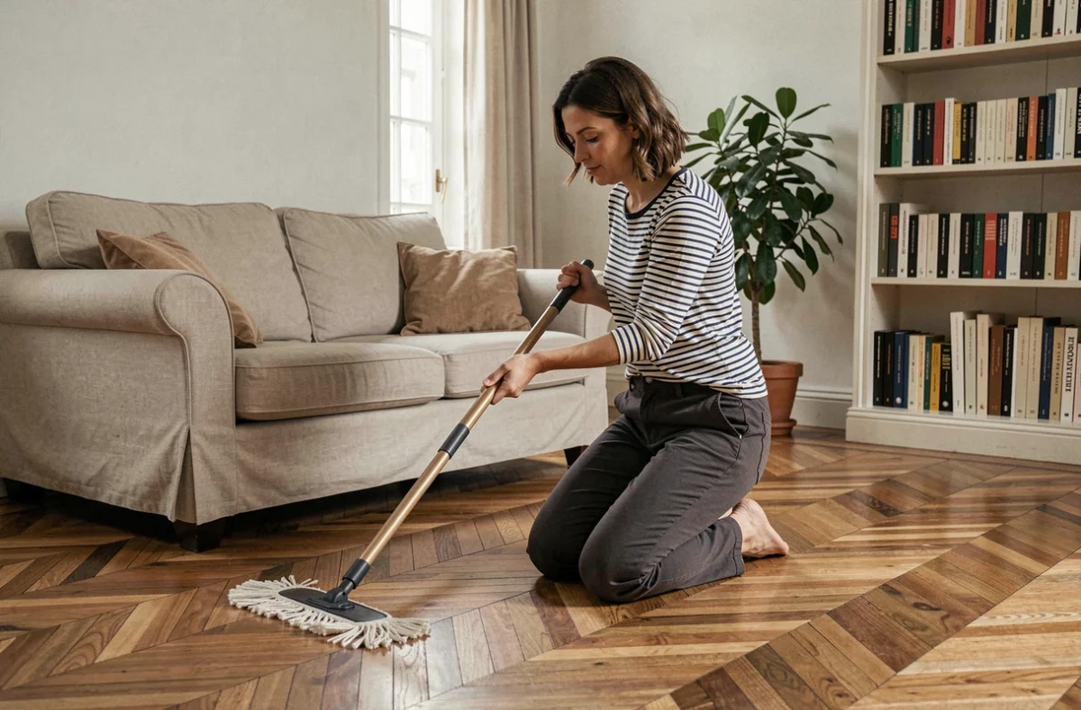 Employée de maison passant la serpillière sur un parquet en bois dans un salon français lumineux