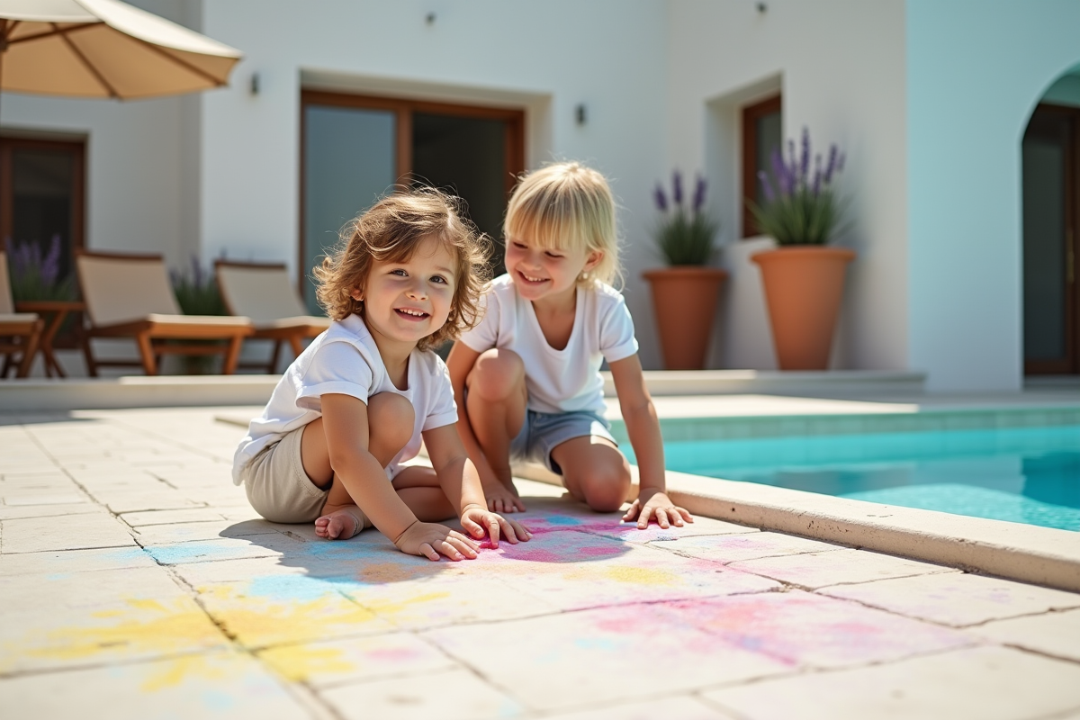 Enfants jouant avec des craies sur le patio près de la piscine