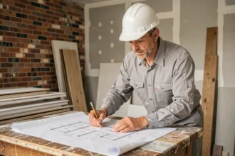 Entrepreneur en bâtiment étudiant les plans de rénovation d'un bien locatif dans un appartement en travaux