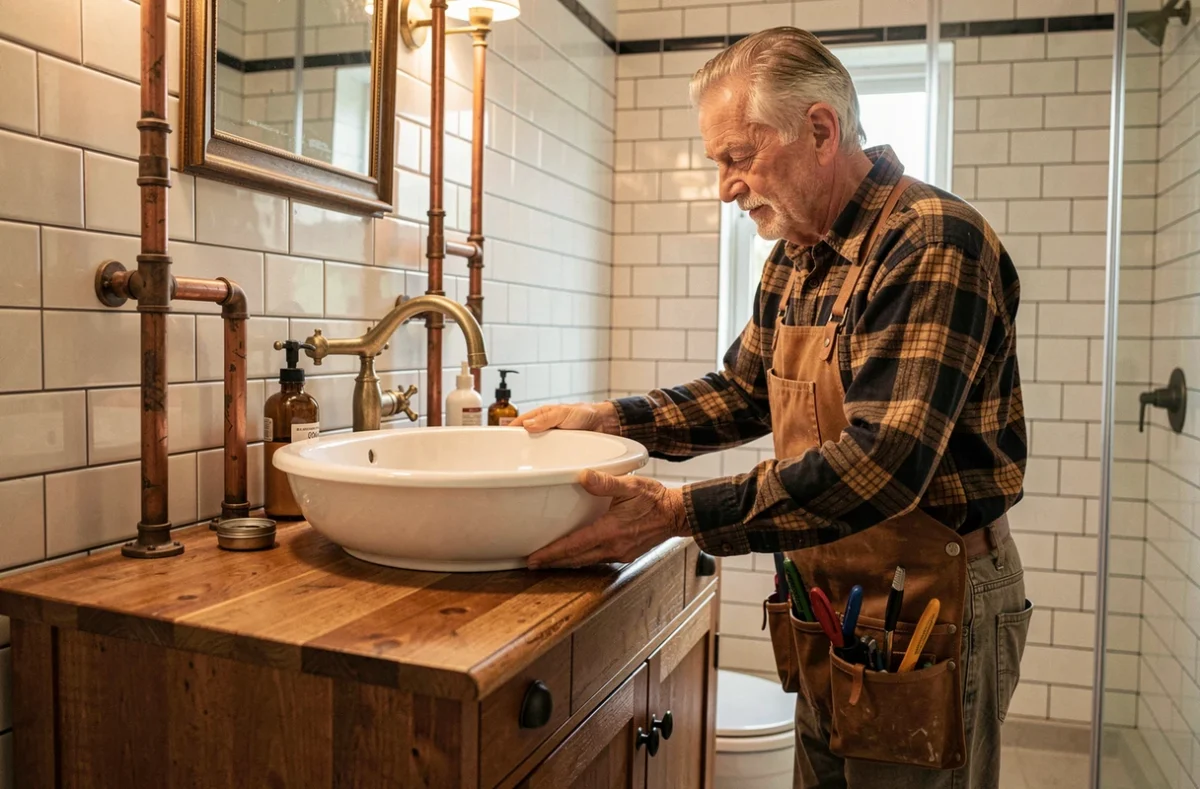 Artisan des Ets Vincent posant un lavabo en porcelaine sur un meuble vasque en bois dans une salle de bain de style patrimonial