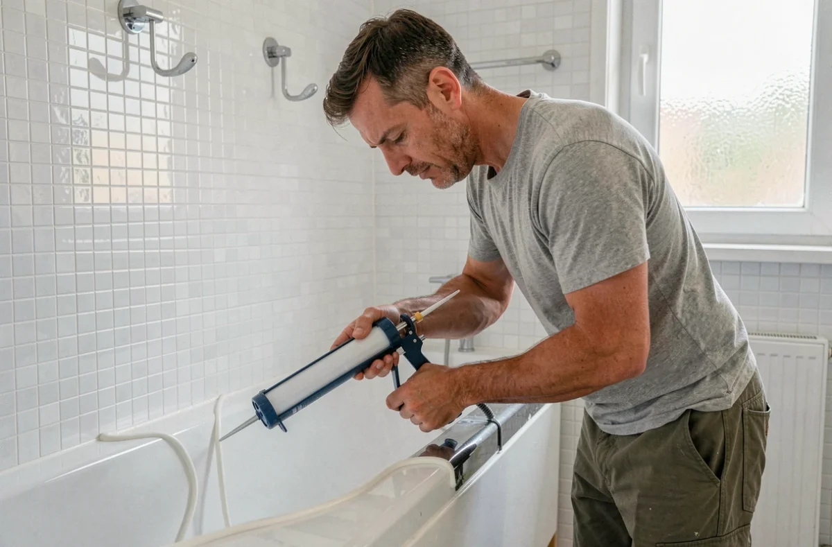 Artisan de l'Eurl Morion appliquant un joint silicone autour d'une baignoire nouvellement installée dans une salle de bain mosaïque