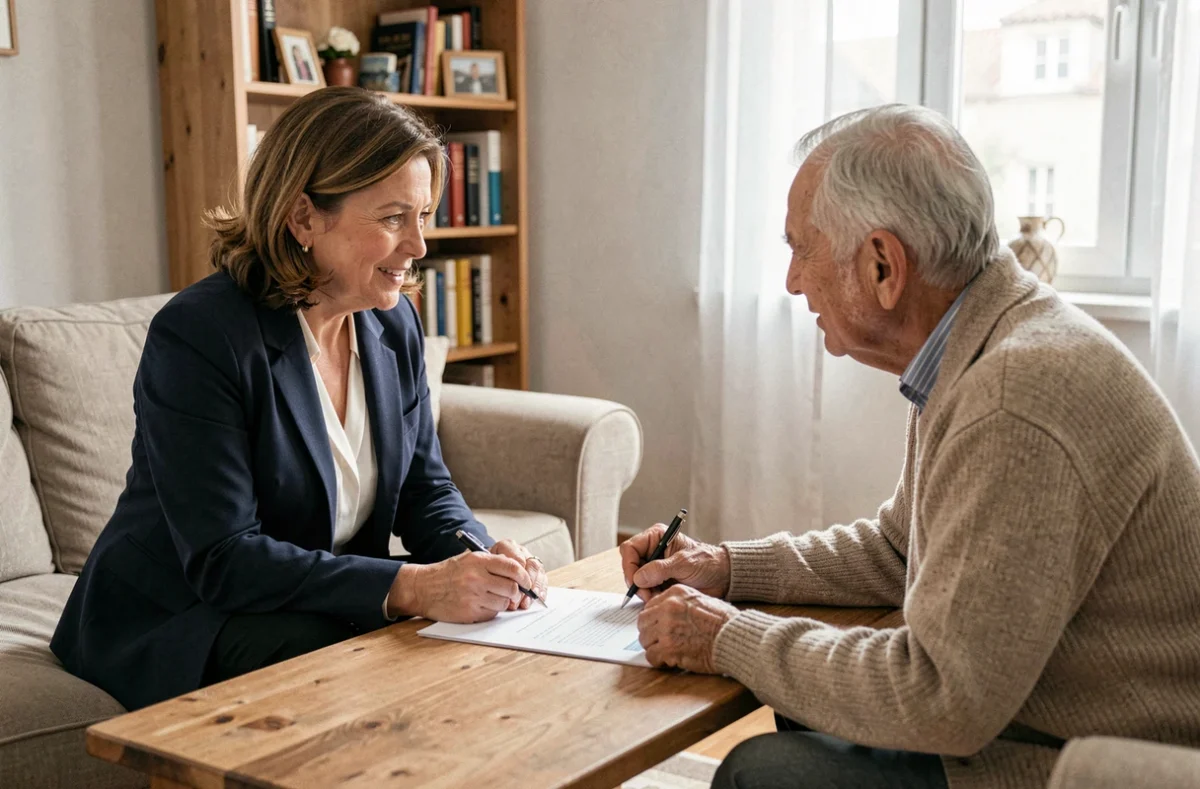 Travailleuse sociale évaluant les besoins d'un senior pour l'attribution d'une aide ménagère financée par la CAF dans le 95
