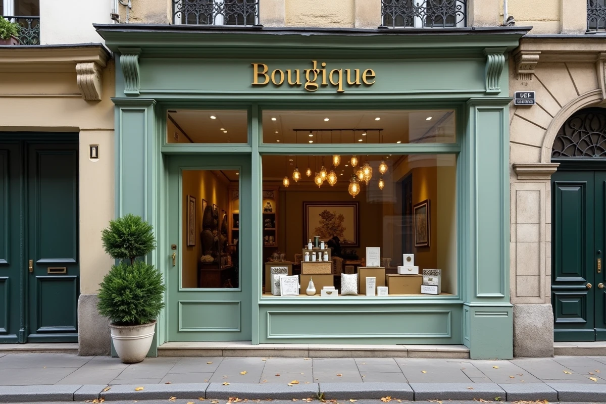 Façade extérieure de la boutique Maison Aimable dans le Marais à Paris avec devanture verte et pavés