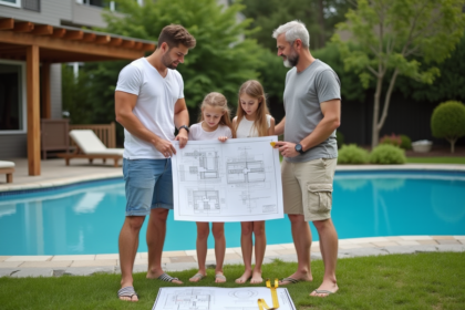 Famille de quatre près de la piscine dans le jardin
