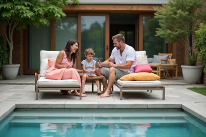 Famille souriante au bord de la piscine en été