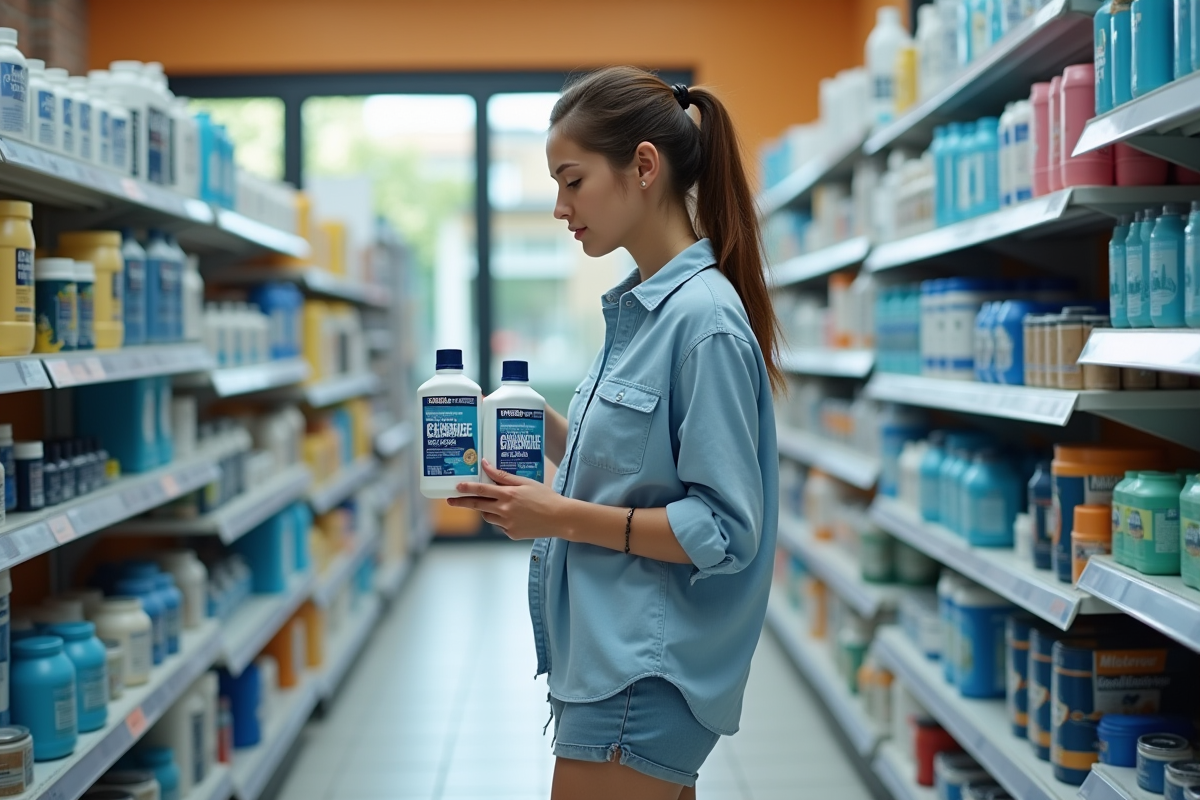 Femme choisissant du chlore dans un magasin de piscine