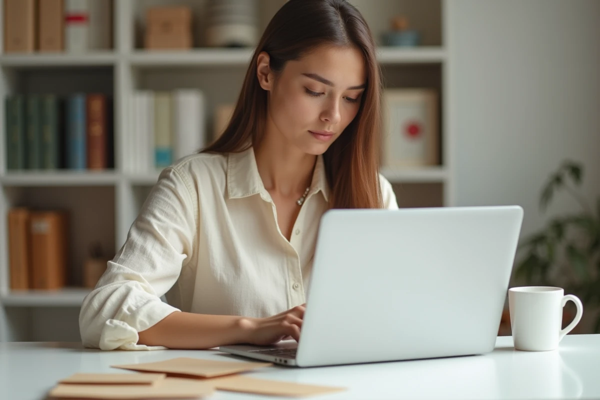 Femme consultant un site de vente de papier beige en ligne sur un ordinateur portable avec des échantillons posés sur le bureau