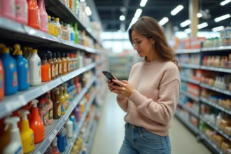 Femme d'âge moyen vérifiant produits de nettoyage en magasin