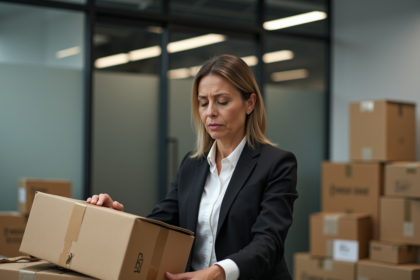 Femme d'affaires examine une boîte endommagée dans un bureau