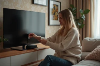 Femme d'âge moyen ajustant une antenne TV moderne dans son salon chaleureux