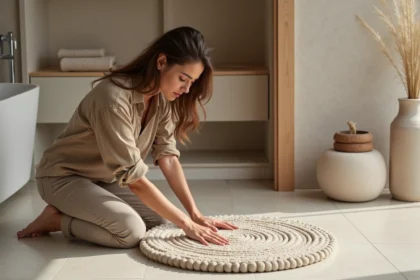 Jeune femme examine un tapis de bain en diatomite dans une salle de bain moderne