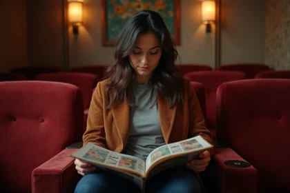 Femme dans un cinéma vintage en train de regarder des affiches modernes