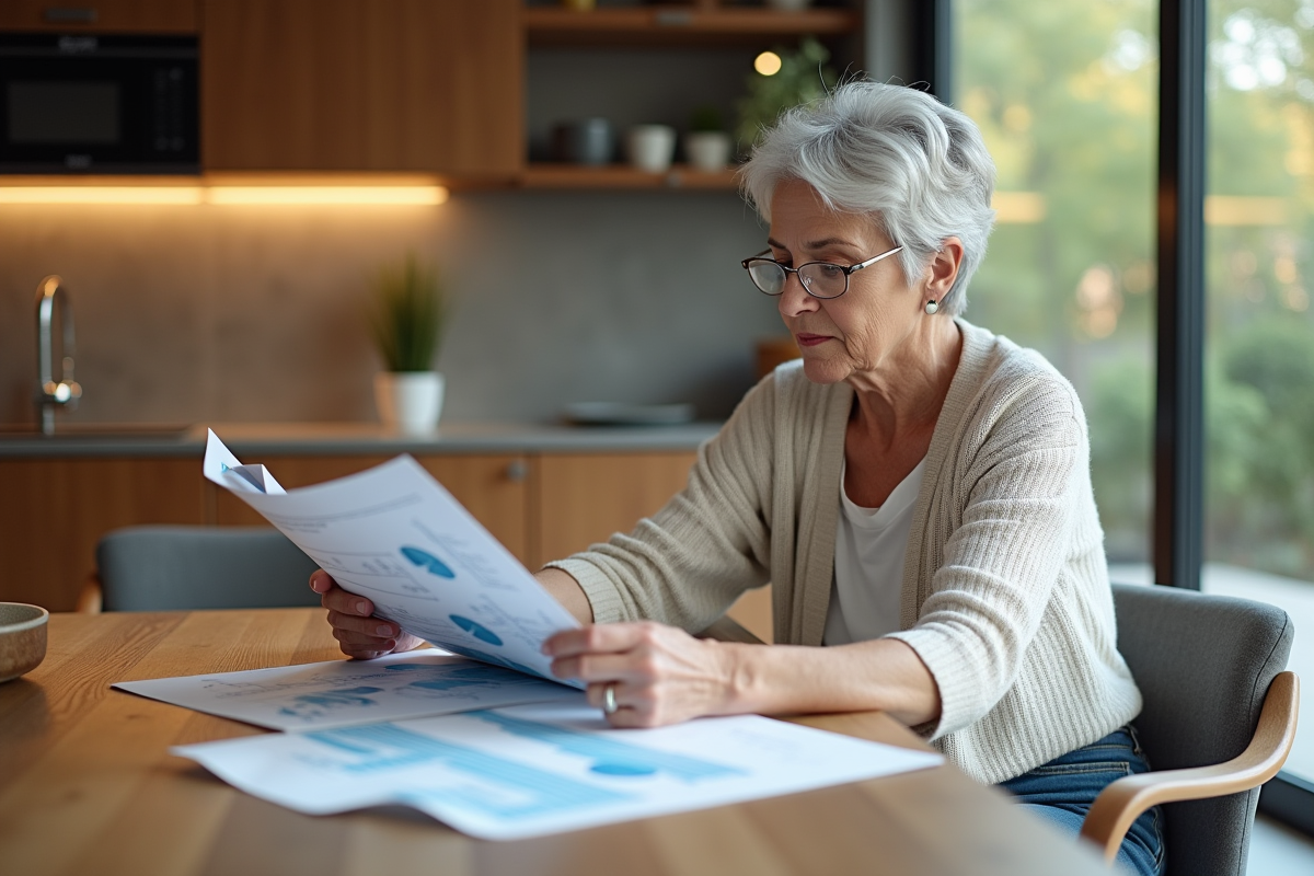 Femme lisant une brochure sur la piscine à la cuisine