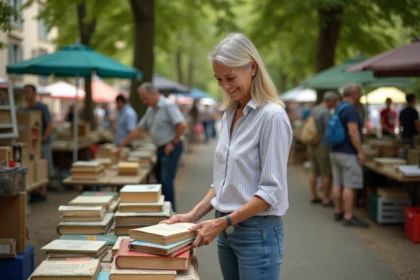 Femme souriante inspectant des livres vintage à la brocante