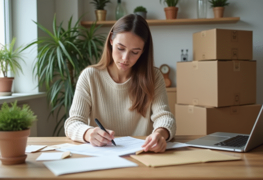 Femme remplissant un formulaire de changement d'adresse dans un appartement lumineux