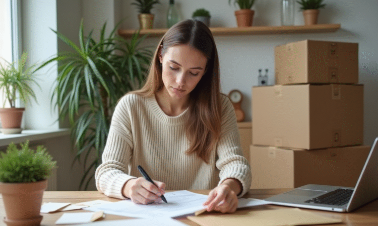 Femme remplissant un formulaire de changement d'adresse dans un appartement lumineux