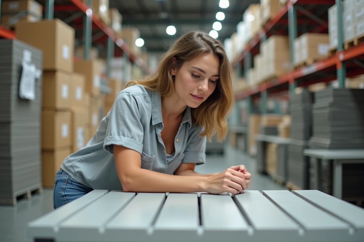 Femme examinant une table en résine grise dans un magasin de jardinerie pour comparer les prix et la qualité