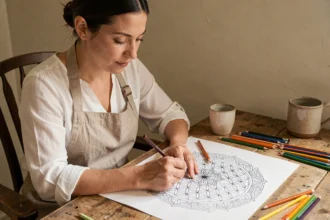 Femme coloriant un mandala fleur de vie imprimé sur papier blanc, avec des crayons de couleur sur un bureau en bois