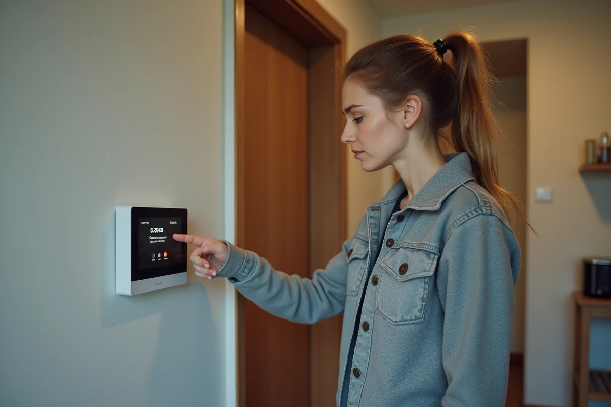 Jeune femme contrôlant une pompe à chaleur intérieure