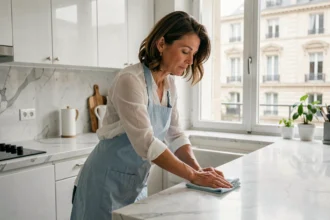 Femme de ménage en tablier bleu essuyant un plan de travail en marbre dans une cuisine moderne parisienne