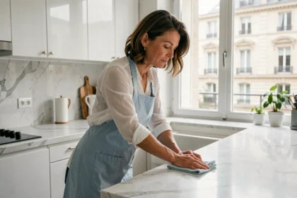 Femme de ménage en tablier bleu essuyant un plan de travail en marbre dans une cuisine moderne parisienne