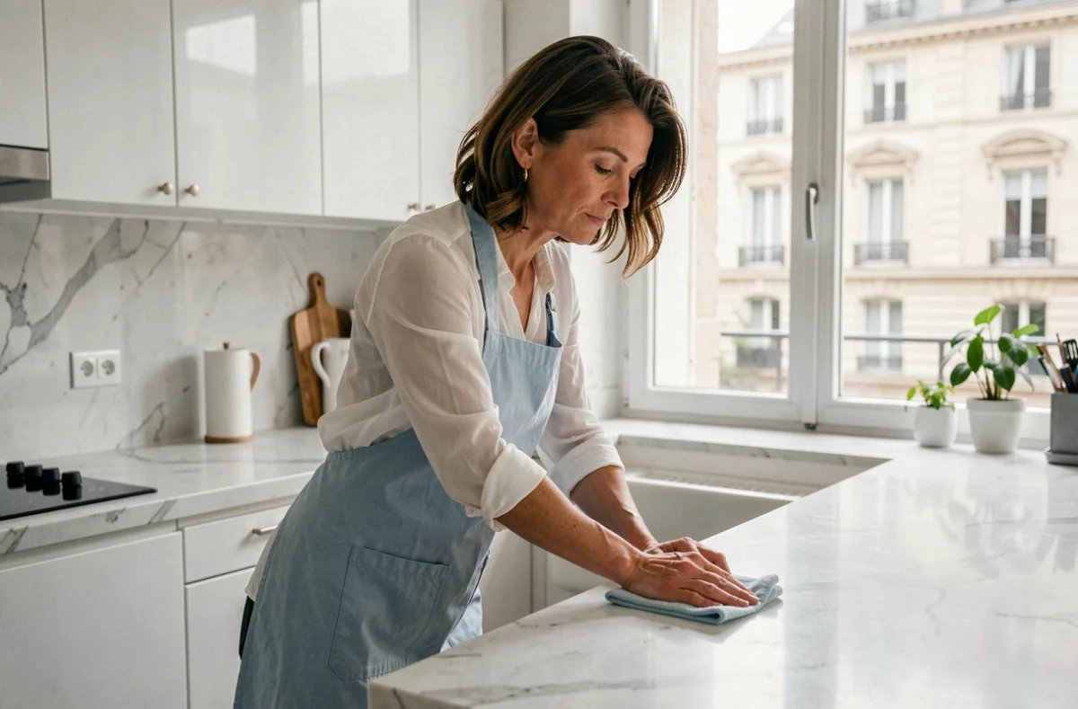 Femme de ménage en tablier bleu essuyant un plan de travail en marbre dans une cuisine moderne parisienne