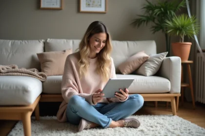 Femme souriante explore des idées de décoration intérieure