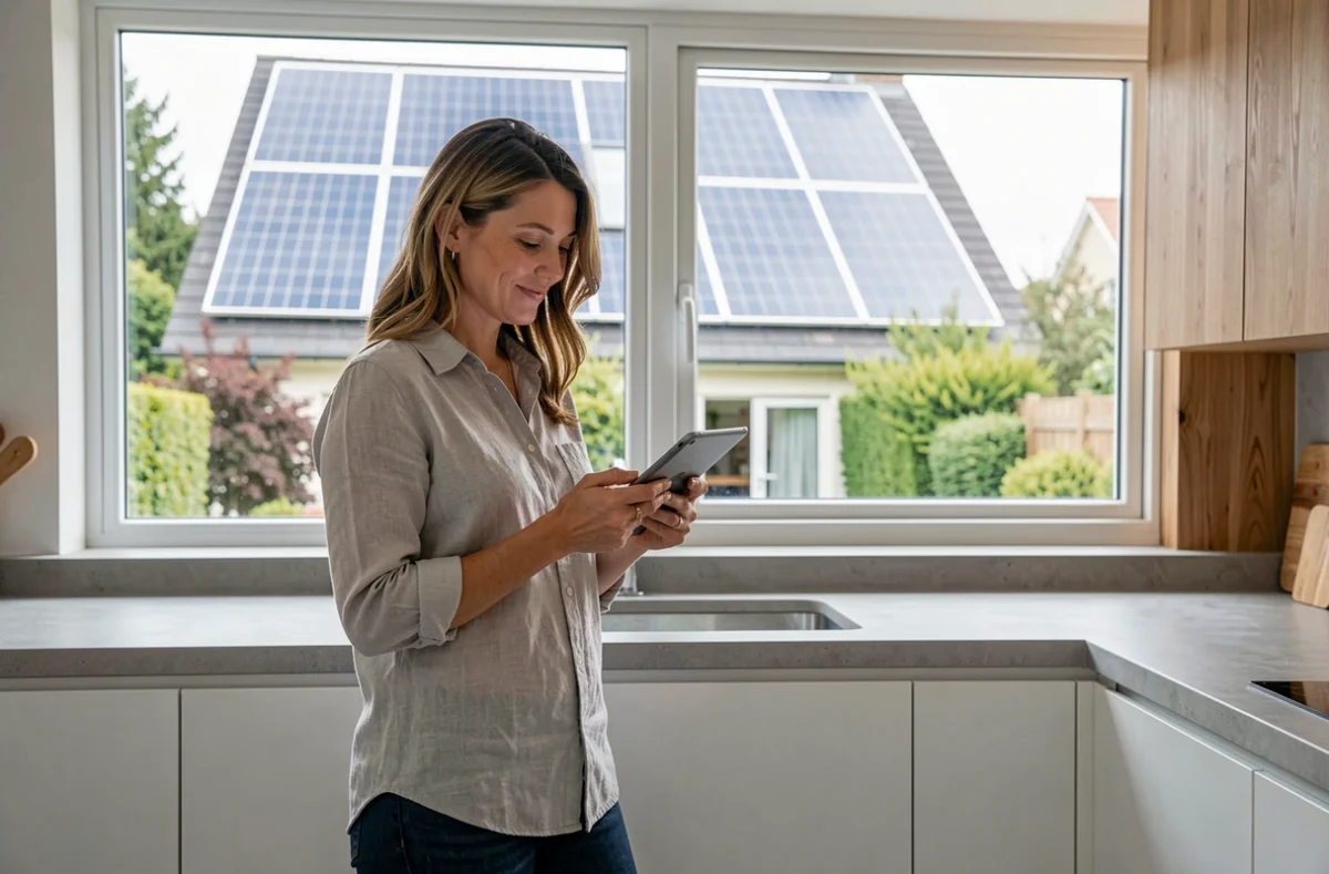 Femme consultant les économies d'énergie générées par ses panneaux solaires hybrides depuis sa cuisine moderne