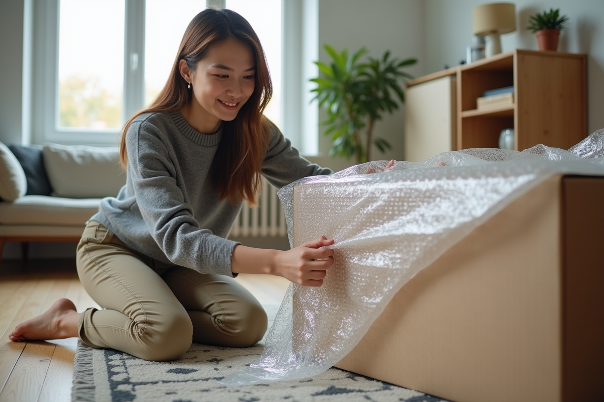 Jeune femme emballant un colis dans son salon