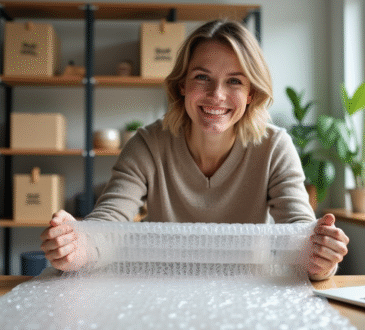 Jeune femme emballant des bulles dans un bureau lumineux