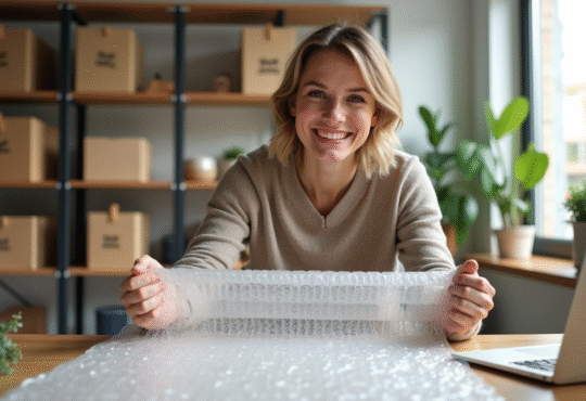 Jeune femme emballant des bulles dans un bureau lumineux