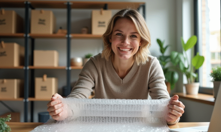 Jeune femme emballant des bulles dans un bureau lumineux