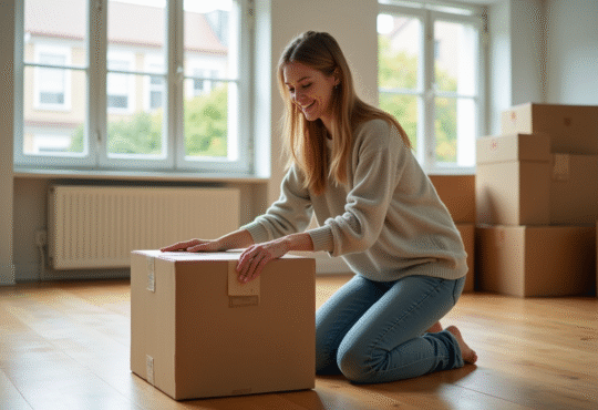 Jeune femme emballant une boîte en carton dans un appartement lumineux