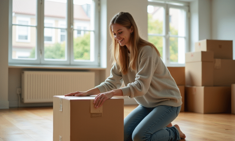 Jeune femme emballant une boîte en carton dans un appartement lumineux