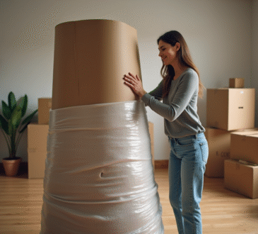 Femme emballant une lampe dans un salon organisé