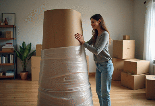 Femme emballant une lampe dans un salon organisé