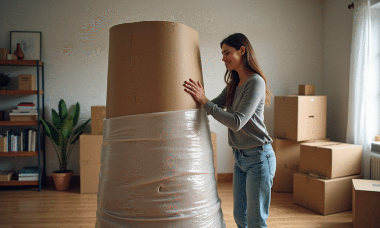 Femme emballant une lampe dans un salon organisé