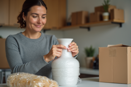 Femme emballant une porcelaine fragile avec du papier bulle