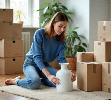Jeune femme emballant un vase en porcelaine dans un appartement