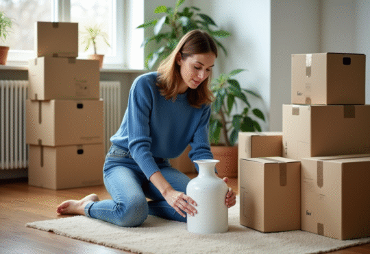 Jeune femme emballant un vase en porcelaine dans un appartement