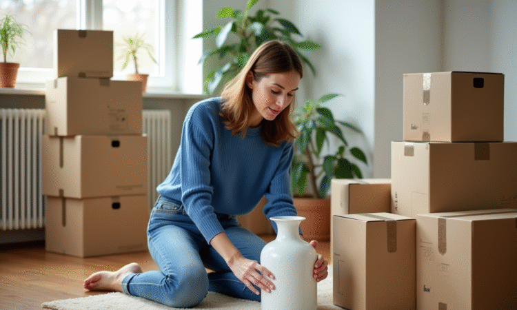 Jeune femme emballant un vase en porcelaine dans un appartement