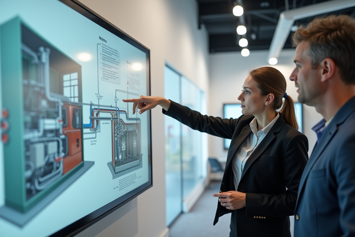 Jeune femme expliquant un schema de recuperation de chaleur