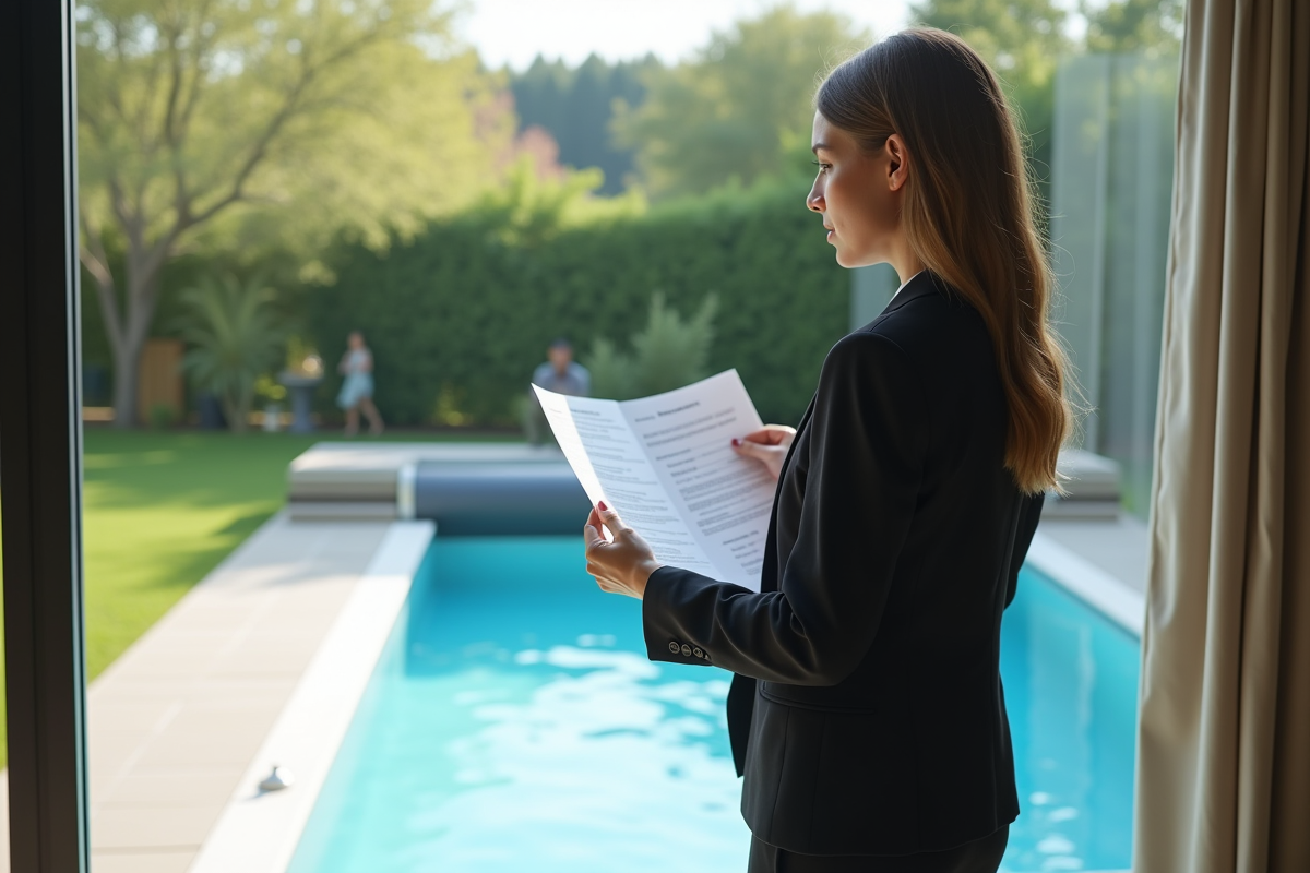 Jeune femme en intérieur vérifiant instructions piscine