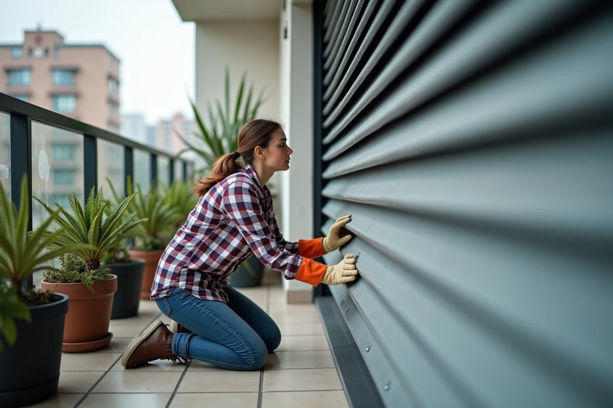 Jeune femme vérifie un volet roulant bloqué en extérieur